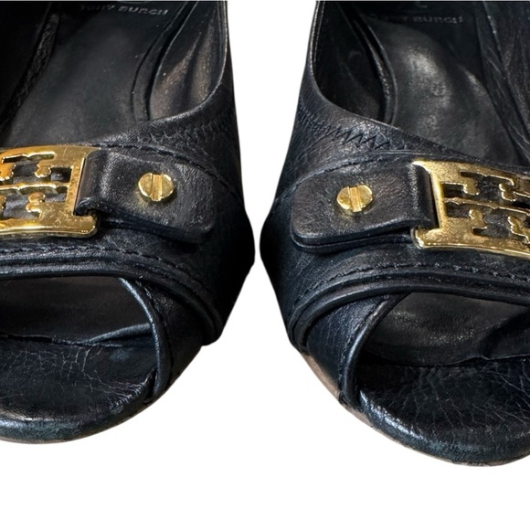 Tory Burch Black Leather Peep Toe Low Cork Wedges Size 8M - Picture 8 of 11